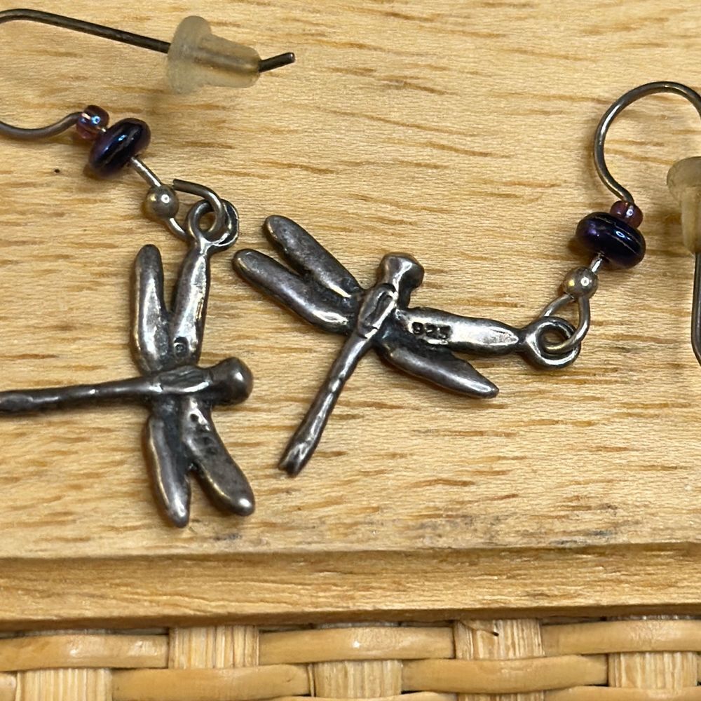 delicate dragonfly drip earrings, Silver stamped, with blue / purple bead accent - Picture 4 of 10